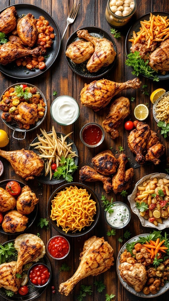 A variety of grilled chicken dishes with sides on wooden table.