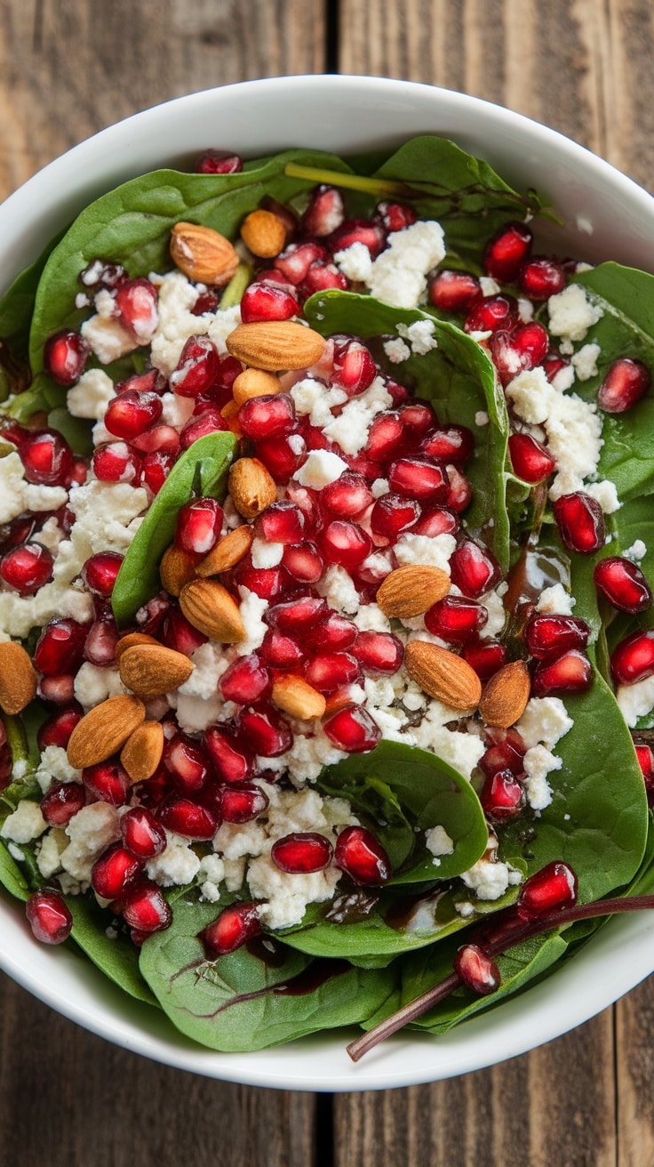 A colorful bowl of Spinach Pomegranate Feta Salad with spinach, pomegranate seeds, feta, and almonds, on a rustic table.