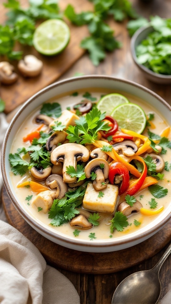 A bowl of Vegan Thai Coconut Soup with mushrooms, tofu, and greens, garnished with cilantro and lime on a wooden table.