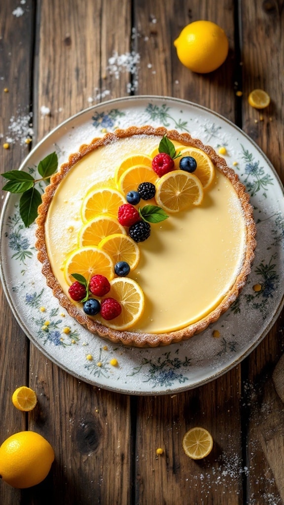 A lemon cream tart with a golden crust, creamy filling, topped with powdered sugar, and garnished with lemon slices and berries, displayed on a wooden table.