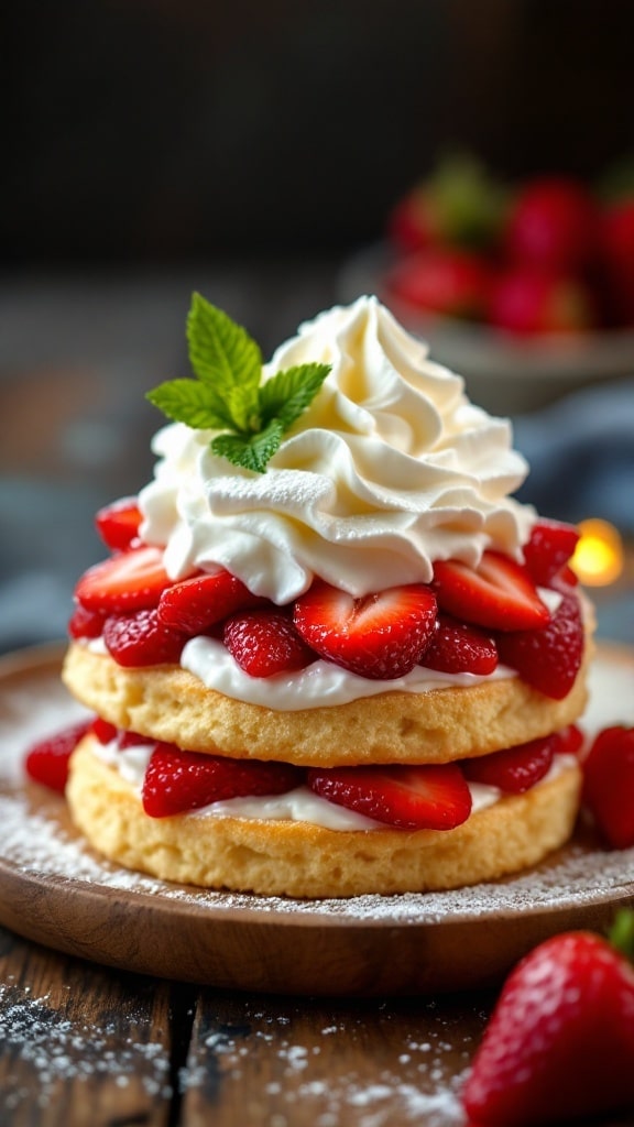 Layers of golden cake, strawberries, and whipped cream in a classic strawberry shortcake, garnished with mint.