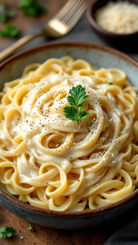 Creamy Alfredo sauce over fettuccine, garnished with Parmesan and parsley, on a rustic wooden table.