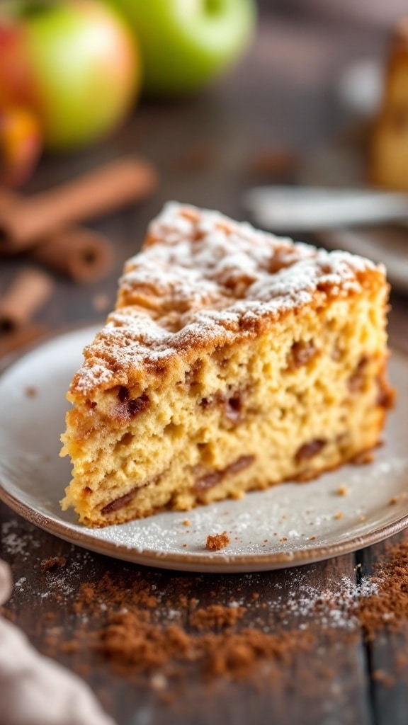 A slice of moist Cinnamon Apple Cake with chunks of apples on a wooden table, garnished with powdered sugar.