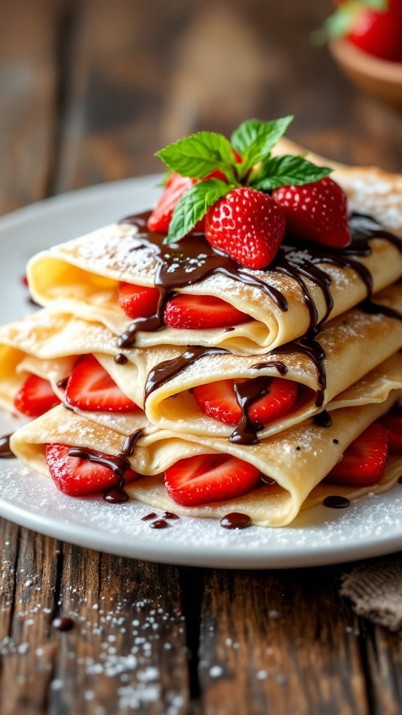 A stack of filled French crepes topped with strawberries and chocolate sauce, garnished with powdered sugar and mint.
