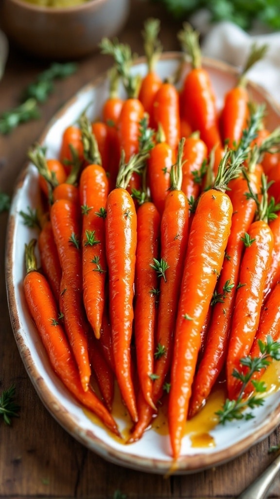 A colorful dish of honey-glazed carrots, roasted to perfection, garnished with thyme on a rustic table.