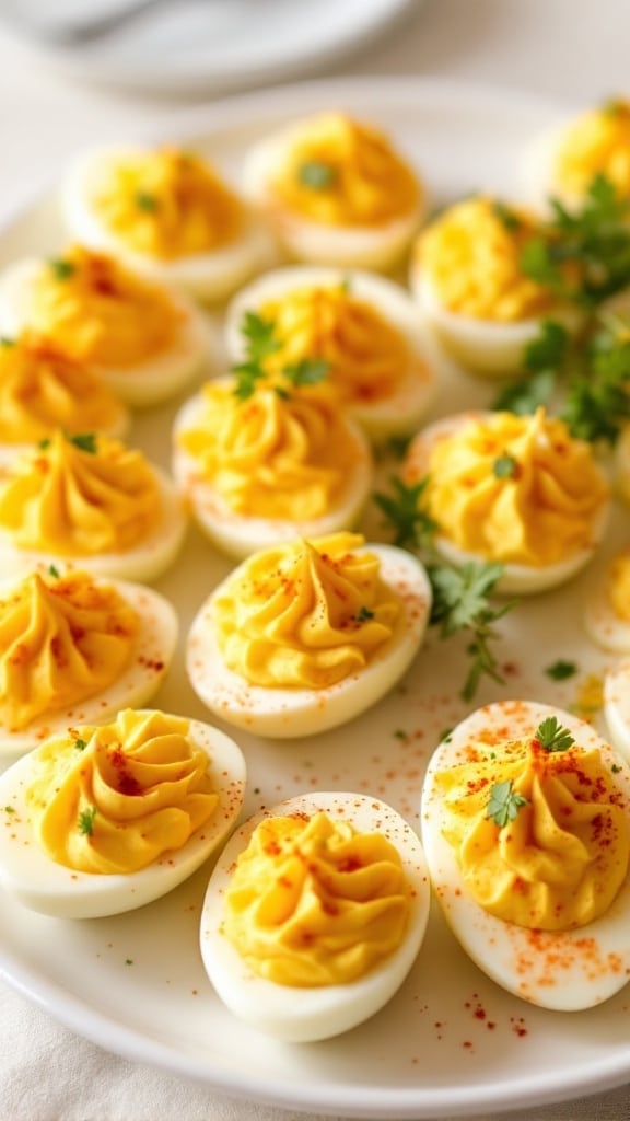 A platter of classic deviled eggs garnished with paprika and herbs.