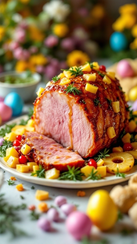 Baked ham glazed with pineapple and garnished with fruit.