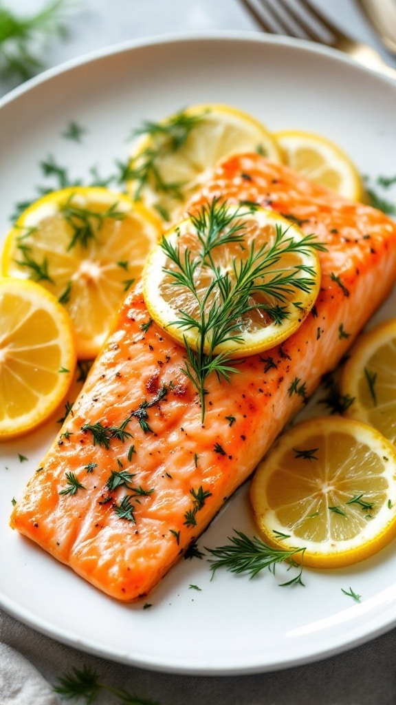A plate of baked salmon garnished with lemon slices and fresh dill.