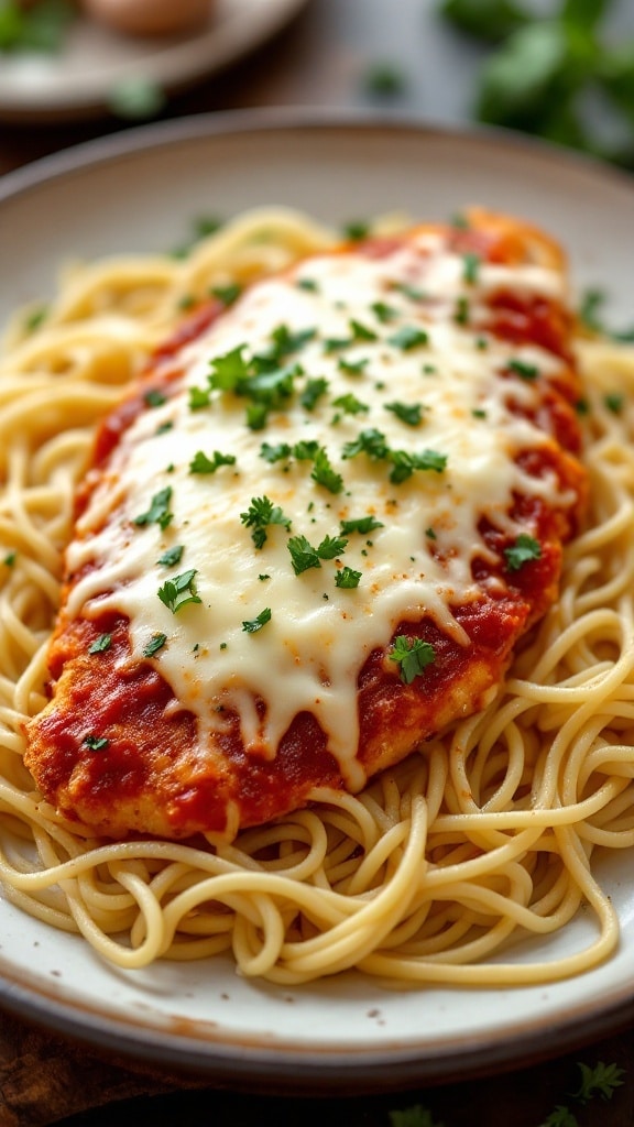 A plate of Chicken Parmesan served over spaghetti, garnished with parsley.