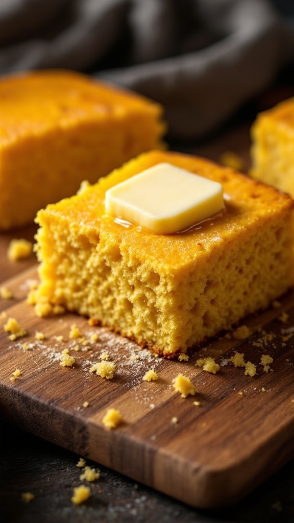 A slice of cornbread topped with butter on a wooden cutting board.