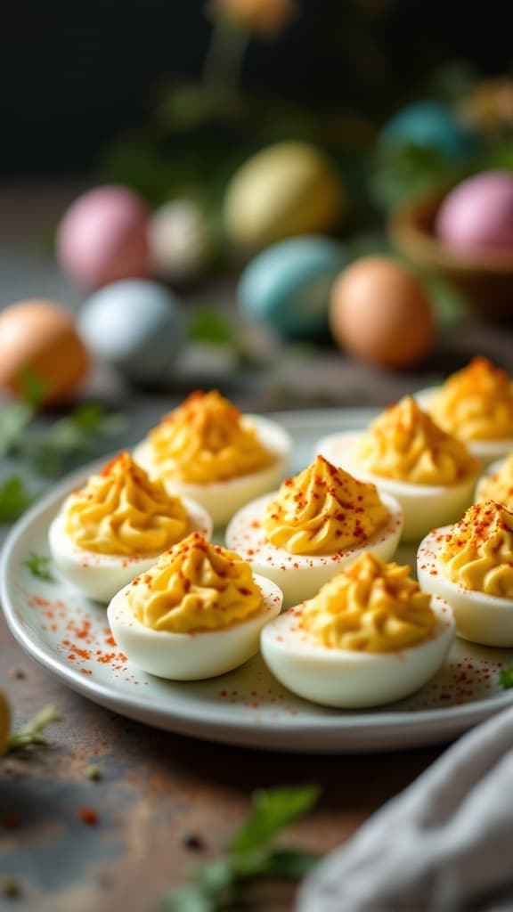 A plate of classic deviled eggs garnished with paprika.