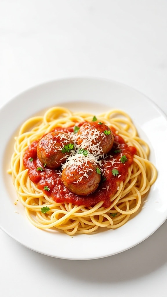 A plate of spaghetti topped with meatballs and marinara sauce, garnished with parsley and grated cheese.