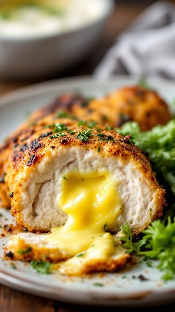 A close-up of Chicken Kiev with melted garlic butter oozing out.