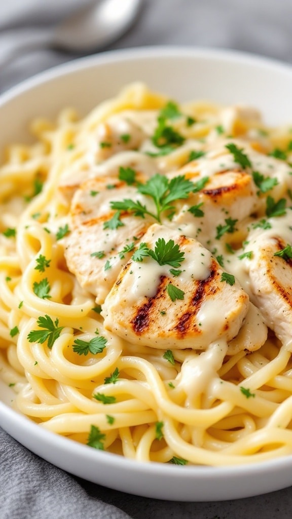 Bowl of creamy chicken alfredo pasta with grilled chicken and parsley on top.