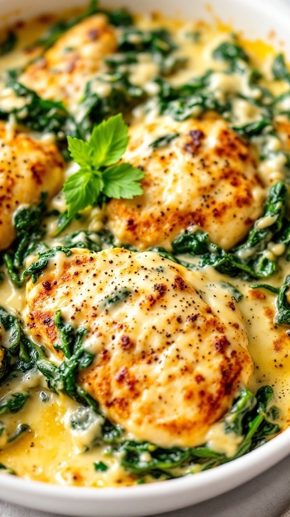Plate of creamy chicken florentine with spinach and herbs