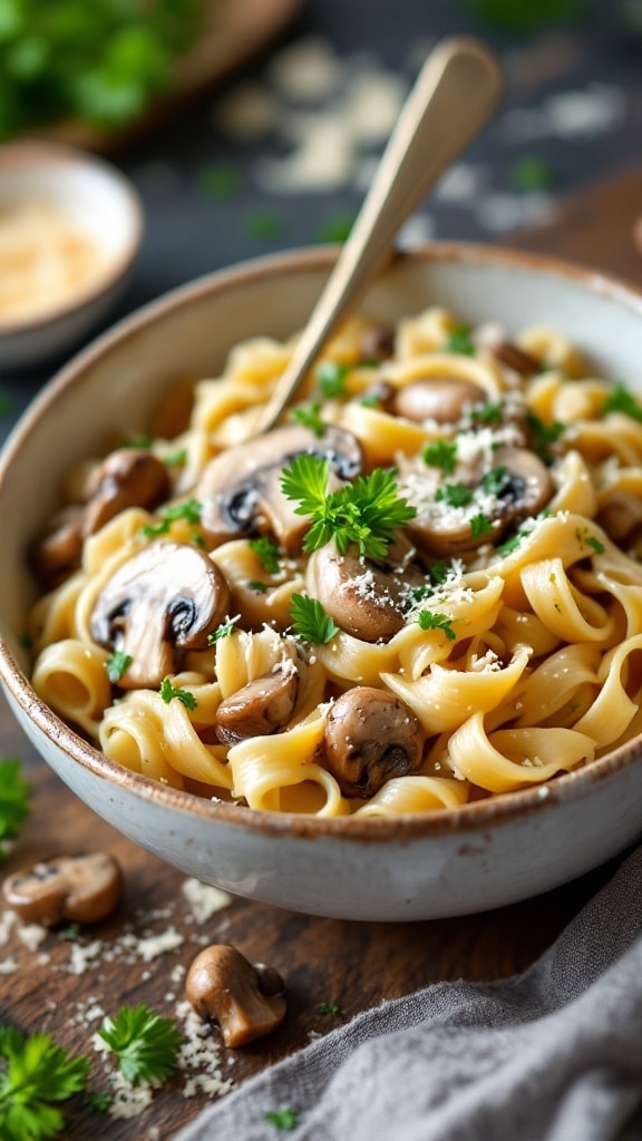 A bowl of creamy mushroom pasta garnished with parsley.