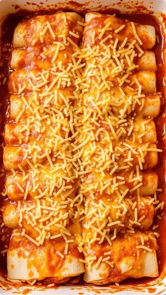A close-up of baked chicken enchiladas topped with cheese and red sauce.