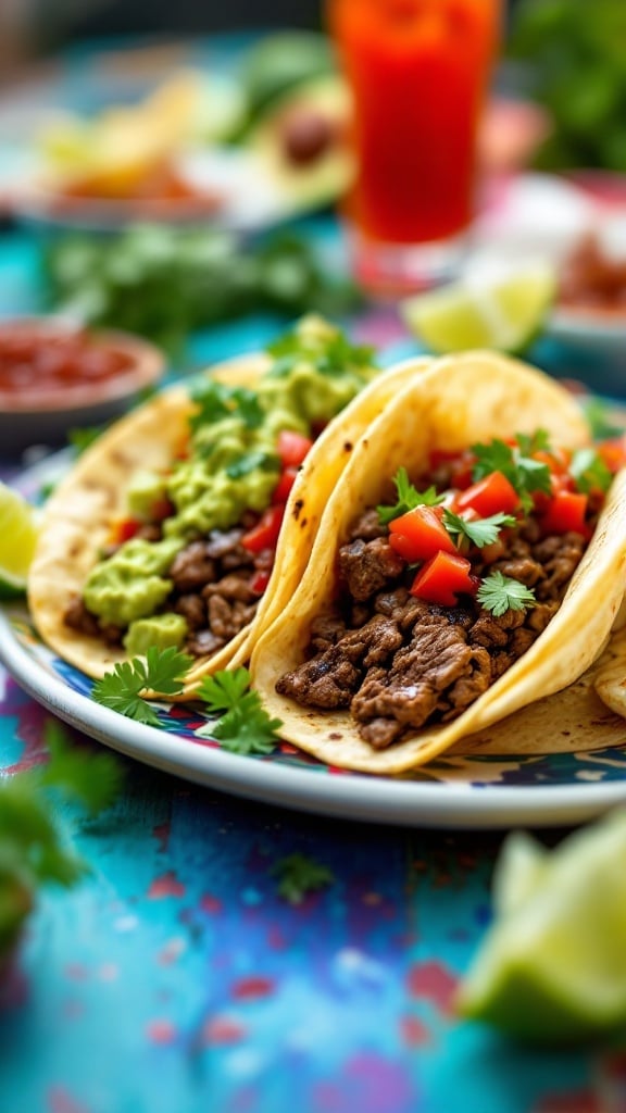 Delicious beef tacos topped with fresh guacamole, tomatoes, and cilantro on a colorful plate.