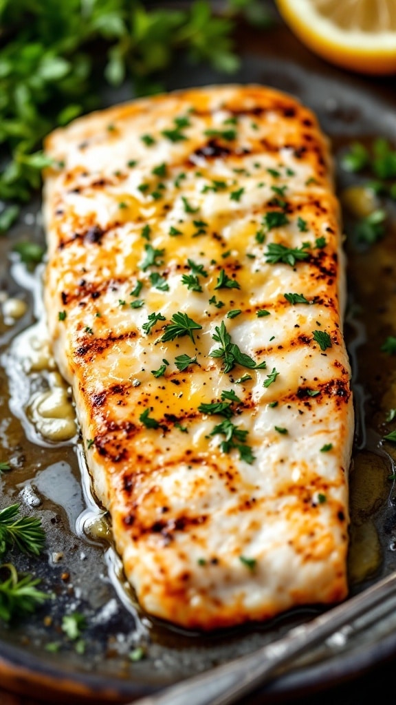 Grilled swordfish topped with lemon butter and herbs