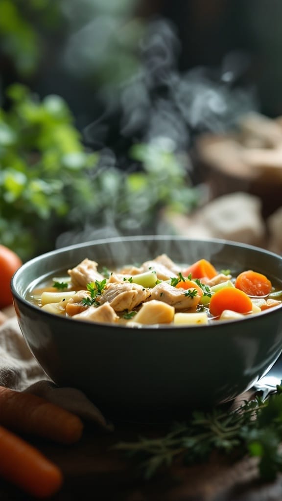A bowl of healthy chicken vegetable soup with carrots and herbs.