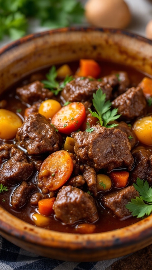A bowl of hearty Beef Bourguignon with tender meat and vegetables.