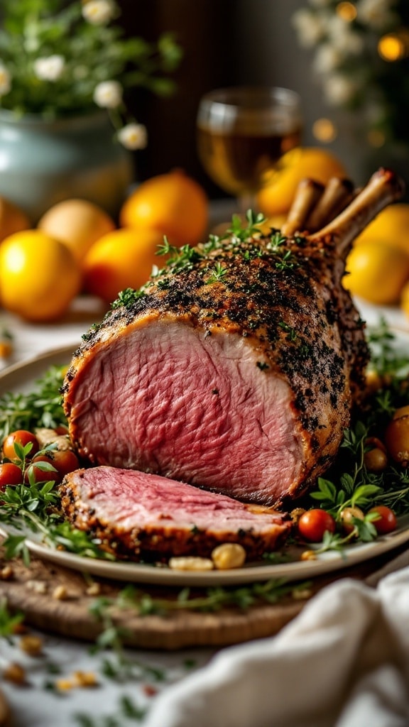 Herb-Crusted Leg of Lamb with fresh herbs and lemon
