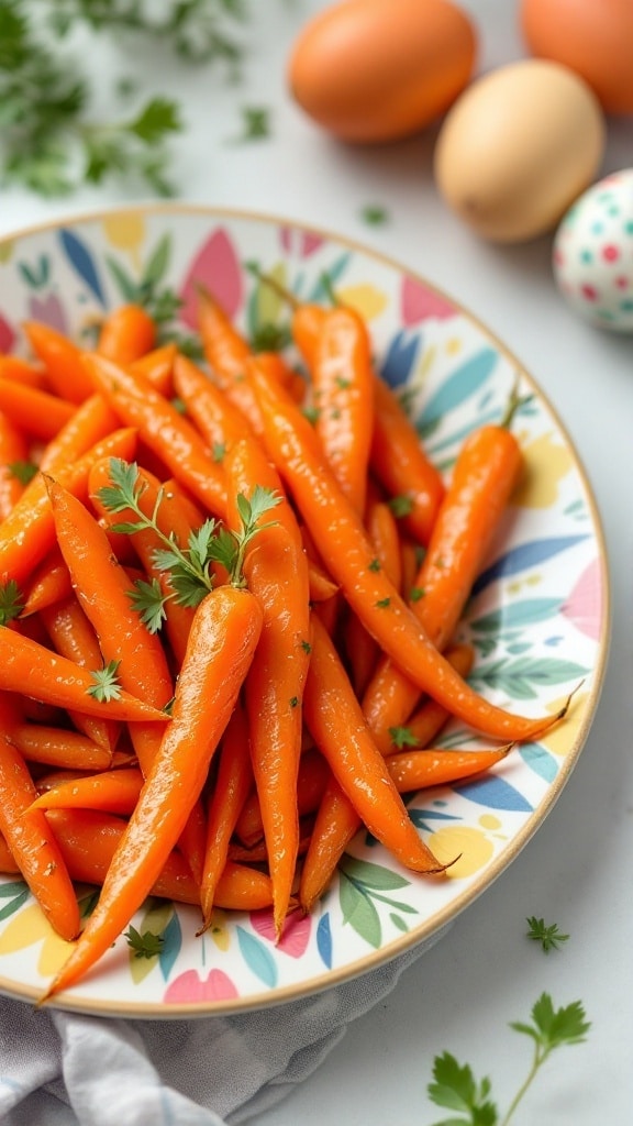 A vibrant dish of honey-glazed carrots garnished with parsley, perfect for Easter.