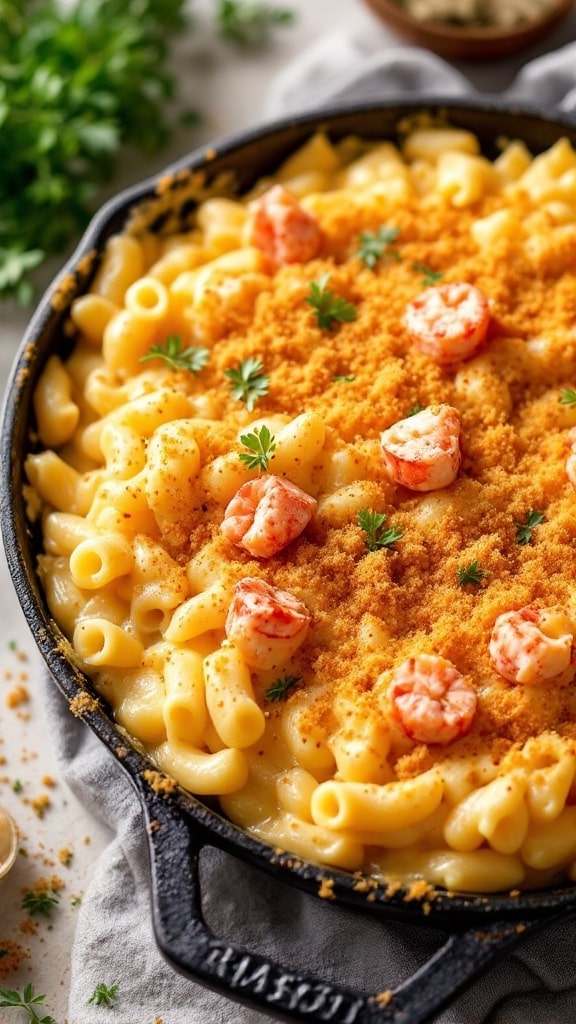 Creamy lobster mac and cheese topped with breadcrumbs and garnished with parsley.