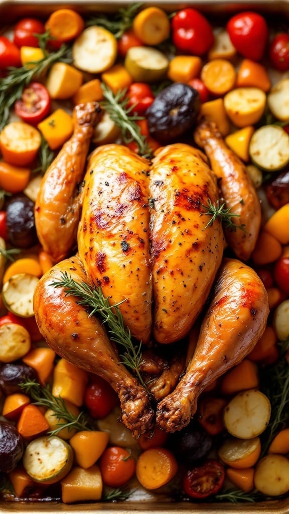 A spatchcock chicken traybake with roasted vegetables.