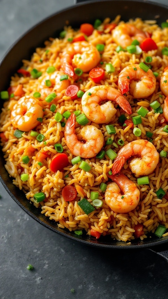 A close-up of shrimp fried rice with shrimp, rice, and green onions