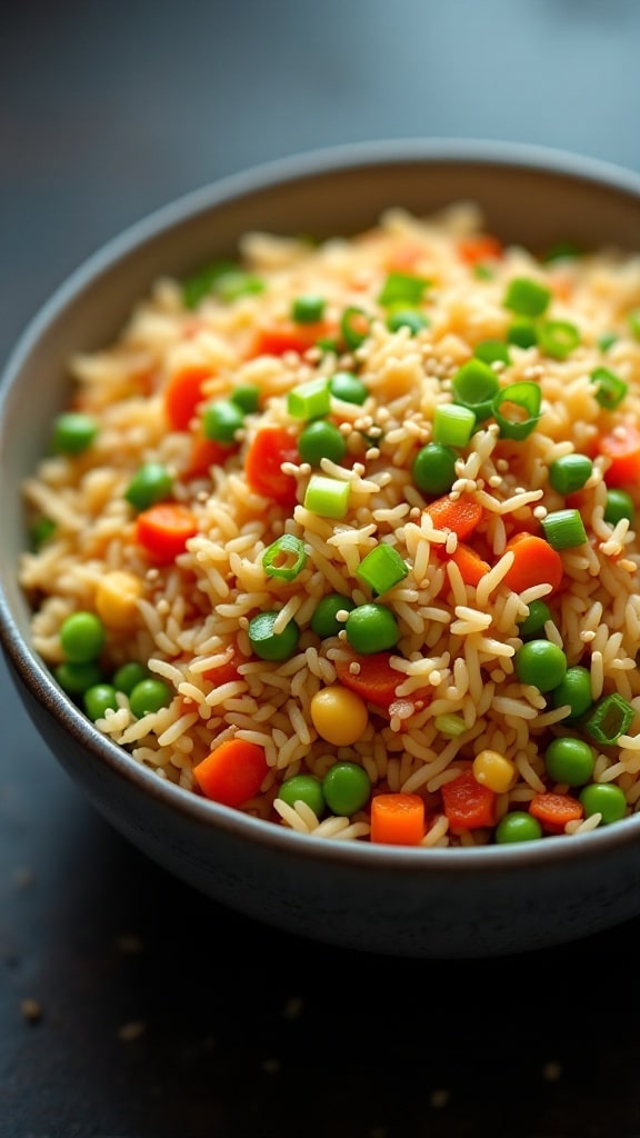 A bowl of vegetable fried rice with peas, carrots, and green onions.