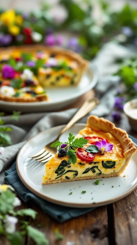 A slice of spring vegetable quiche on a plate, garnished with fresh herbs.