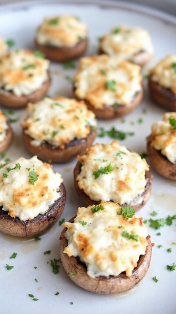 Platter of stuffed mushrooms topped with golden cheese and parsley
