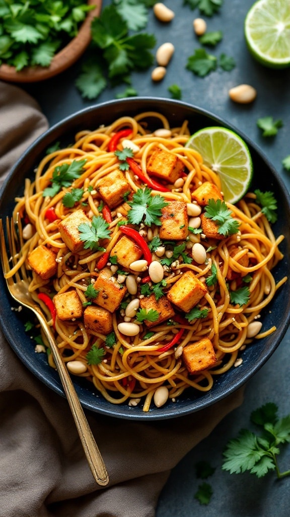 A delicious plate of Vegetarian Tofu Pad Thai garnished with cilantro and lime.