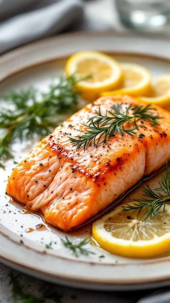 Baked salmon fillet topped with dill and lemon