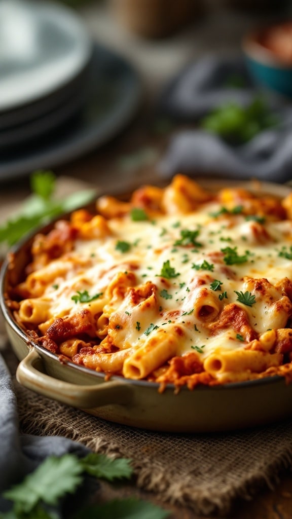A creamy baked ziti dish topped with melted cheese and parsley.