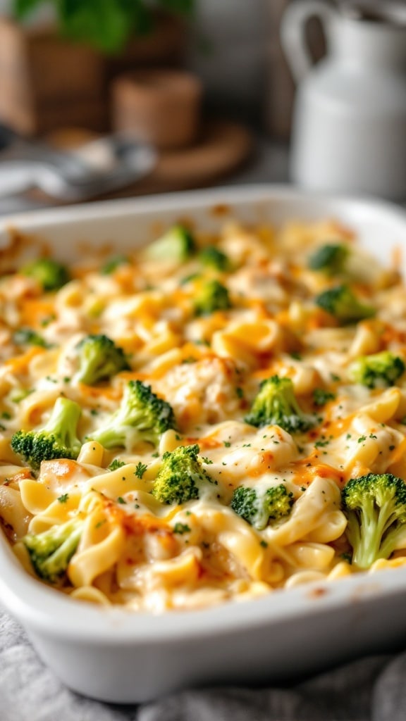 A casserole dish filled with Chicken Alfredo Bake topped with broccoli and cheese.