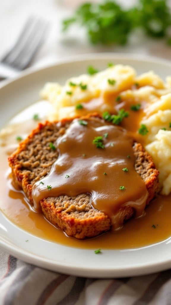 A plate of classic meatloaf with mashed potatoes and gravy.