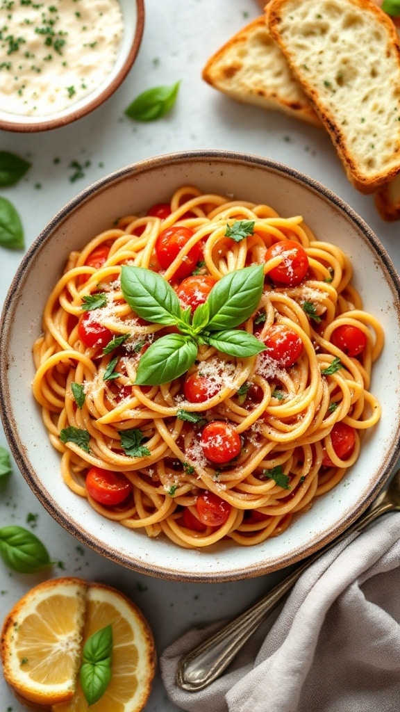 A bowl of creamy tomato basil pasta garnished with fresh basil and served with bread.