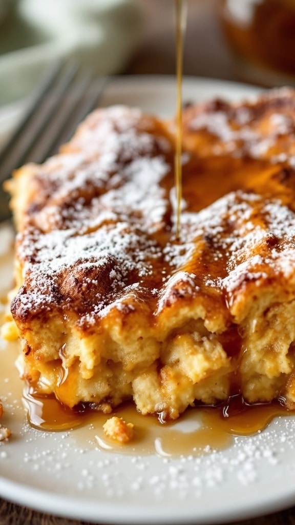A delicious slice of French Toast Casserole topped with syrup and powdered sugar.