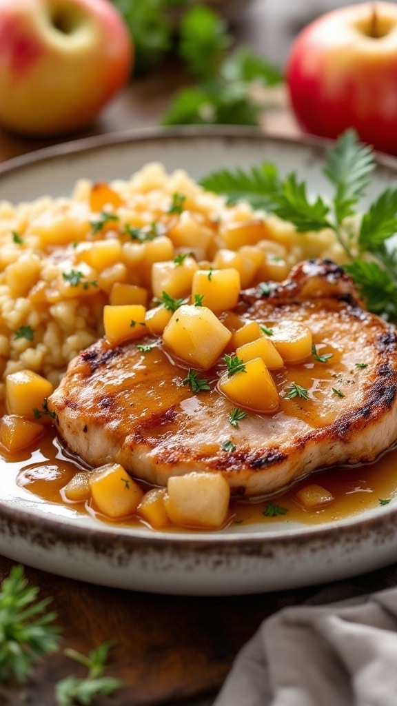 Pork chops served with apple compote and rice