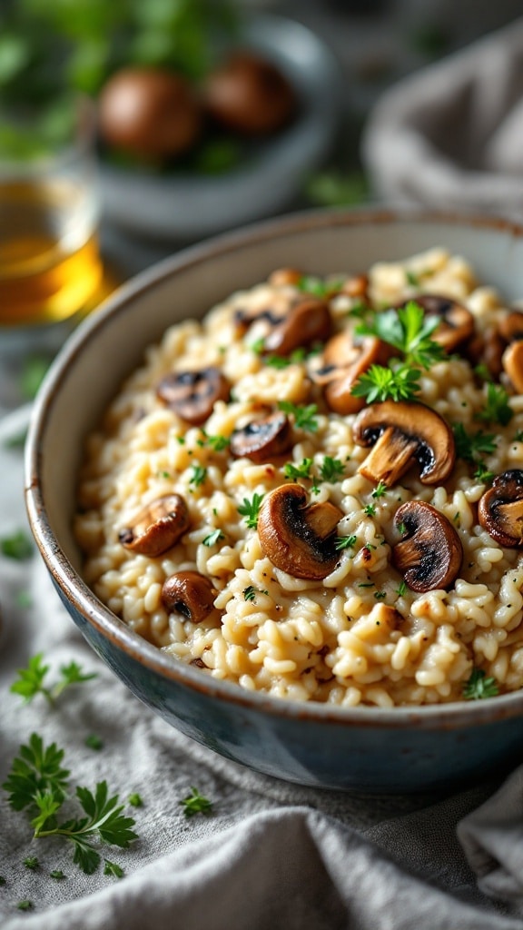 A bowl of creamy mushroom risotto topped with sautéed mushrooms and fresh parsley.