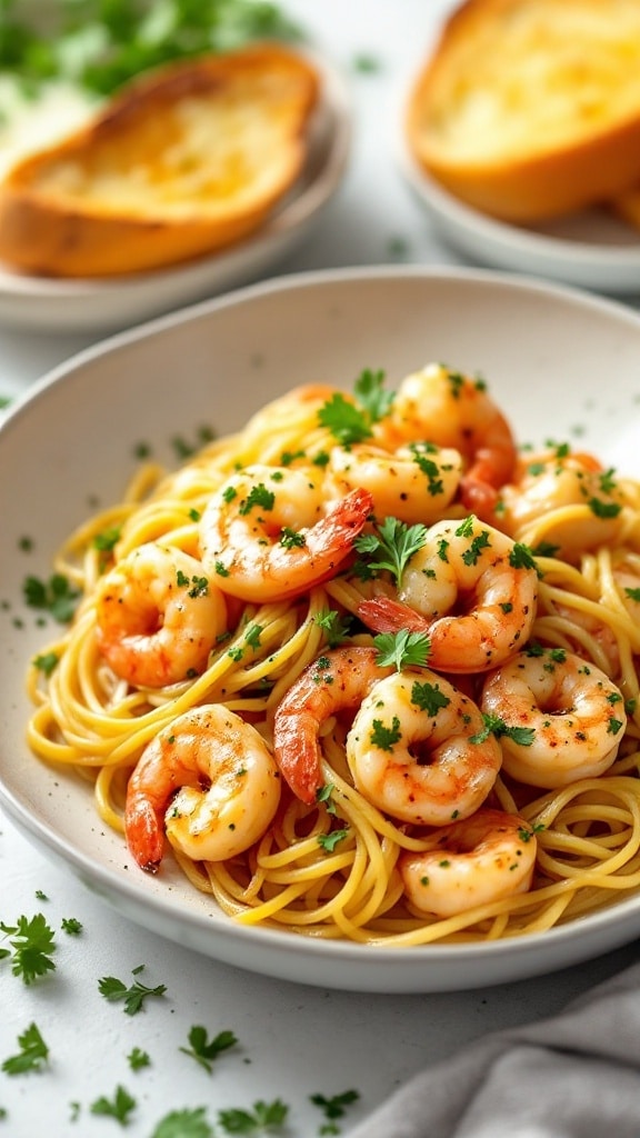 A plate of shrimp scampi served with garlic bread.