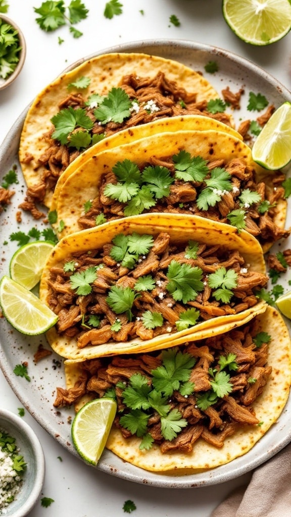 Pulled pork tacos with fresh cilantro and lime garnishes