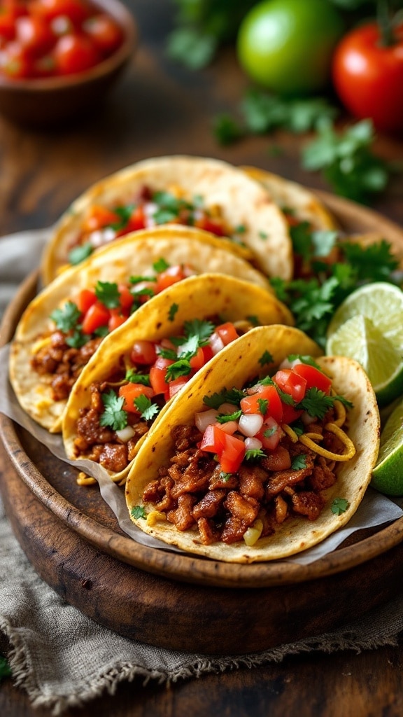 Delicious Tacos Al Pastor served with fresh salsa and lime wedges
