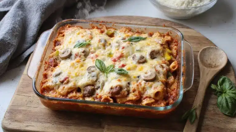 baked cheesy pizza flavored casserole dish