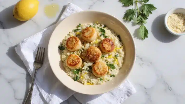 creamy garlic infused scallop studded risotto