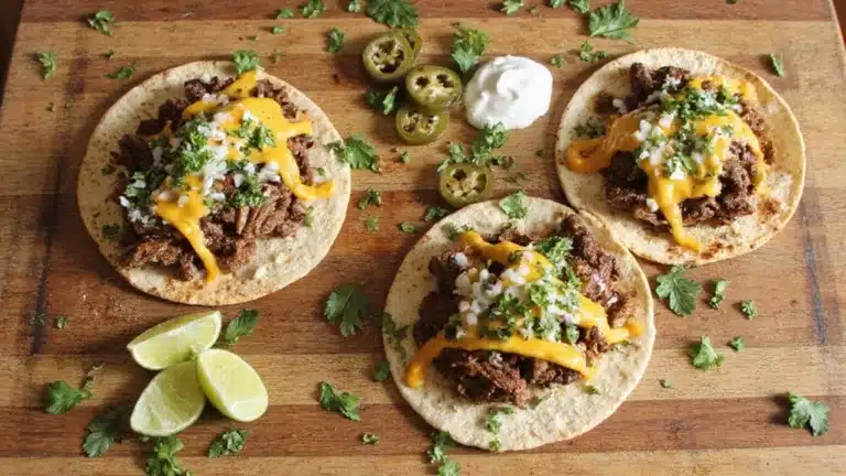 slow cooked shredded beef filled tacos