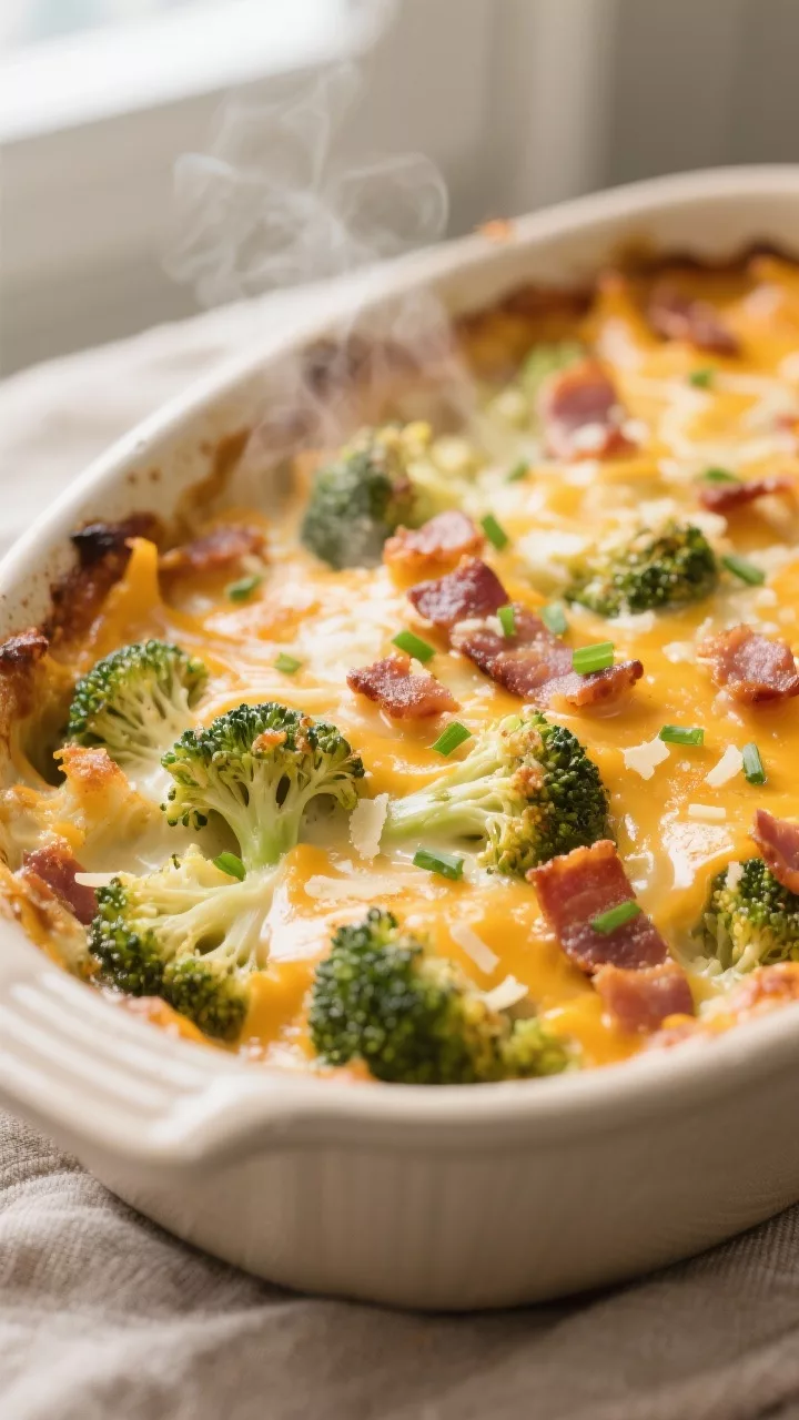 Close-up detail: A bubbling keto broccoli and bacon casserole just out of the oven, showing crisp-te
