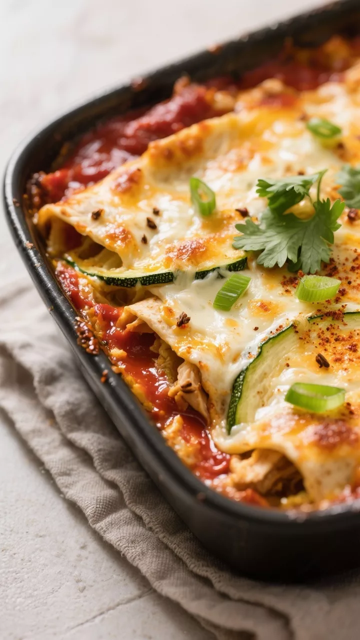 Close-up detail: A bubbling Keto Chicken Enchilada Casserole just out of the oven, cheese melted and